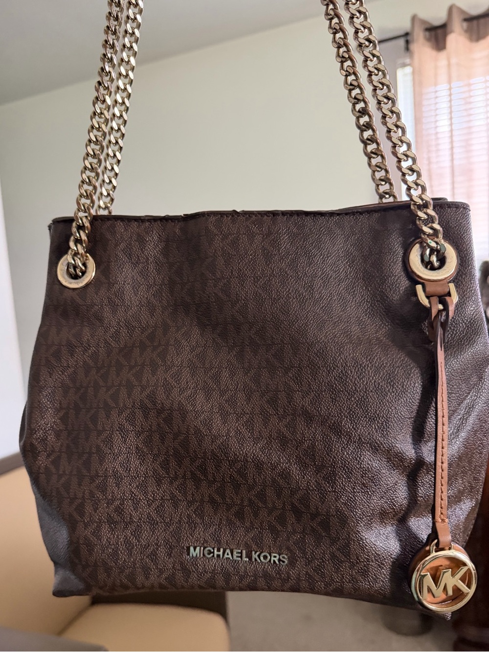 (Rehab)Authentic Michael Kors Brown Logo Chain-Handle Shoulder Tote